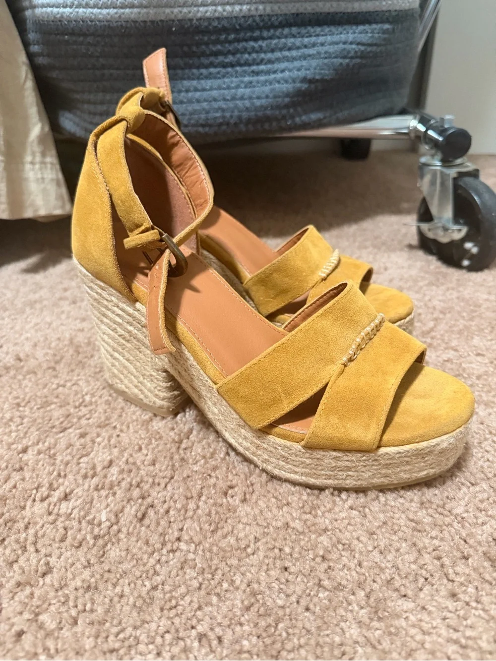 Mustard Suede Espadrille Wedge Sandals with Ankle Strap